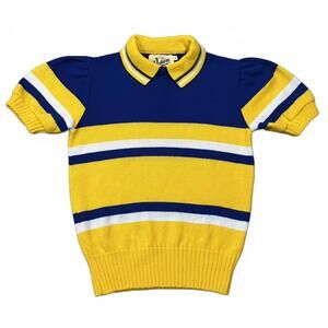 Vintage Dehen Womens Yellow/Blue Knit Sweater Short Sleeve  Size Medium